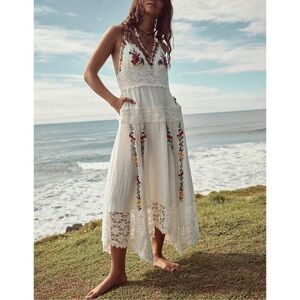 NWT FREE PEOPLE IVORY Embroidered Halter Keila Midi Dress SZ: XL LAST ONE👈💕🎺